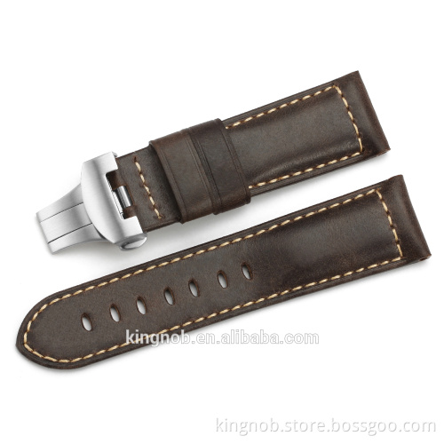 24mm Deployment Clasp Dark Brown Retro Genuine Leather Watch Strap